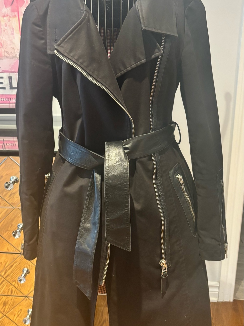 Mackage Black Trench Coat with Leather Belt & Silver Zippers